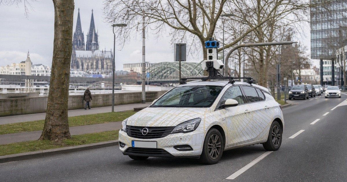 Автомобиль с камерами на улице Кёльна для городского картографирования Автомобиль с камерами на улице Кёльна для городского картографирования