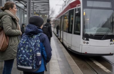Школьник с рюкзаком и общественный транспорт в Эссене на тему Deutschlandticket Schule