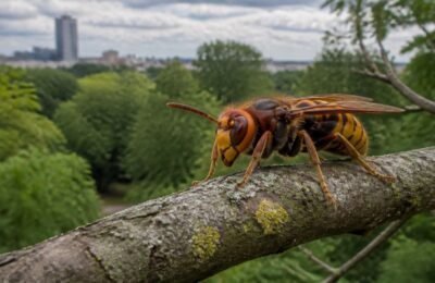 Крупная шершня на ветке в зеленой зоне Лейпцига