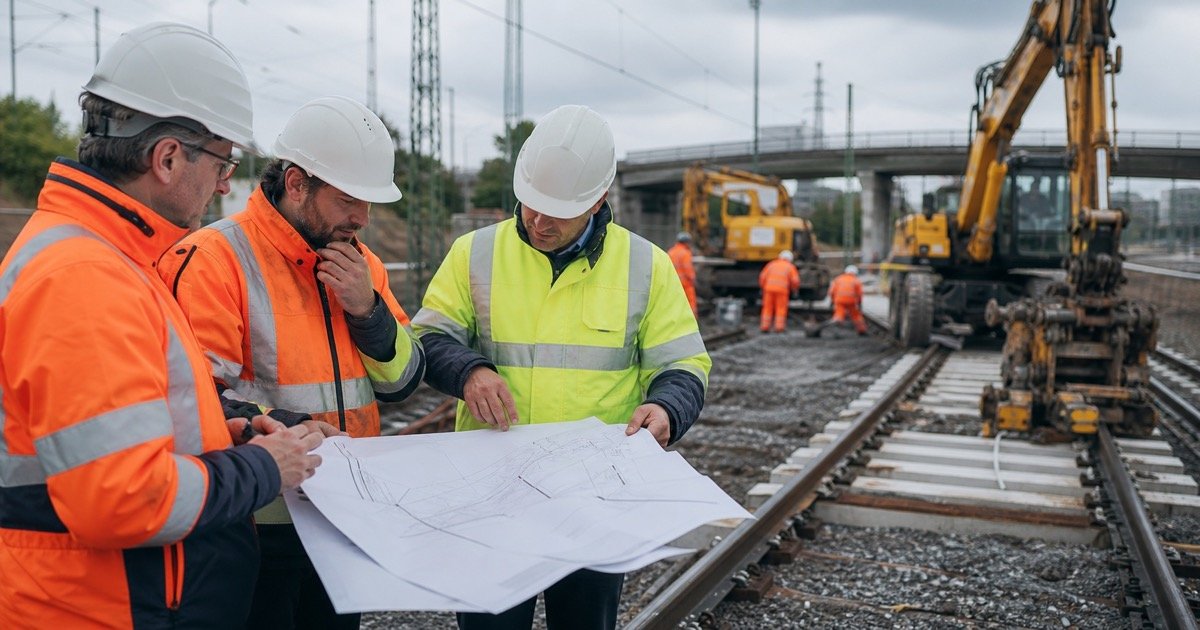 Инженеры Deutsche Bahn на участке большой железнодорожной реконструкции Инженеры Deutsche Bahn на участке большой железнодорожной реконструкции