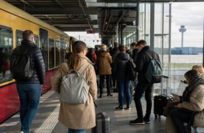 Пассажиры на железнодорожной платформе по дороге к BER