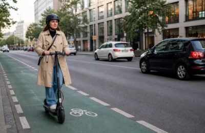 Поездка на E-Scooter в шлеме на городской улице в Германии