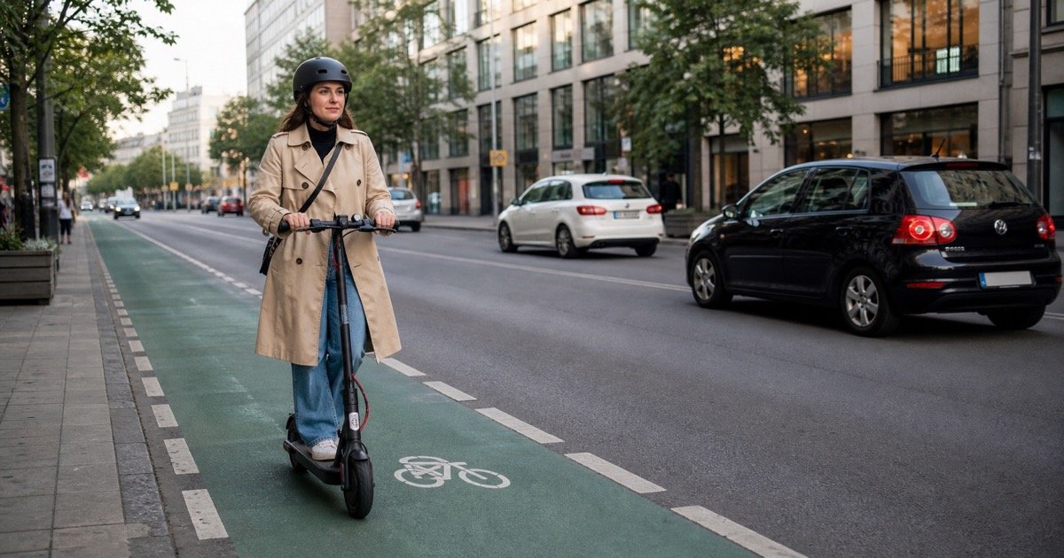 Поездка на E-Scooter в шлеме на городской улице в Германии Поездка на E-Scooter в шлеме на городской улице в Германии