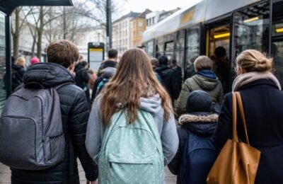 Семьи и школьники у остановки общественного транспорта в Эссене