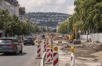 Дорожные работы на улице в Штутгарте