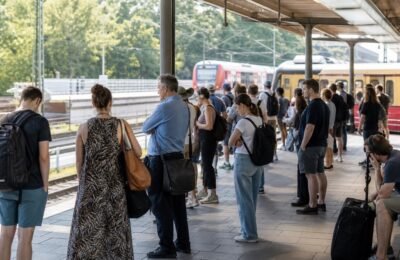 Пассажиры на платформе S-Bahn по дороге к BER