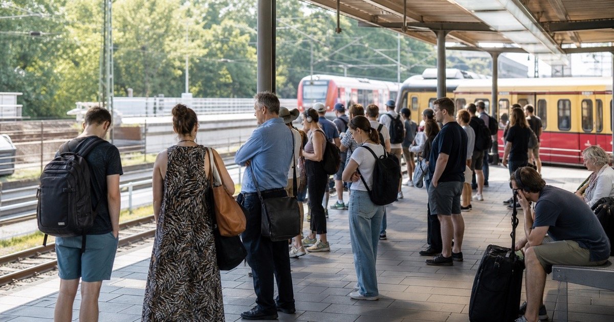 Пассажиры на платформе S-Bahn по дороге к BER Пассажиры на платформе S-Bahn по дороге к BER