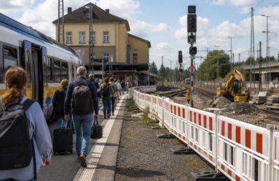 Пассажиры Deutsche Bahn на участке Minden - Hannover рядом с путевыми работами