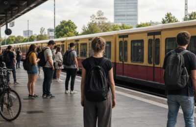 Пассажиры S-Bahn на платформе в Берлине между Schöneweide и Neukölln