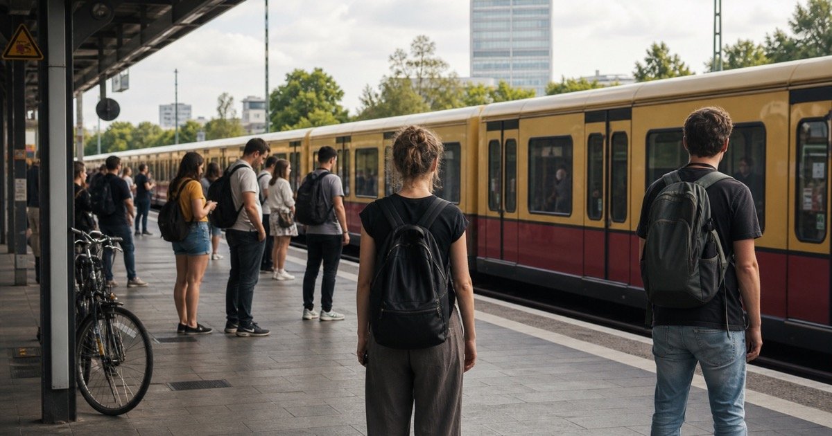Пассажиры S-Bahn на платформе в Берлине между Schöneweide и Neukölln Пассажиры S-Bahn на платформе в Берлине между Schöneweide и Neukölln