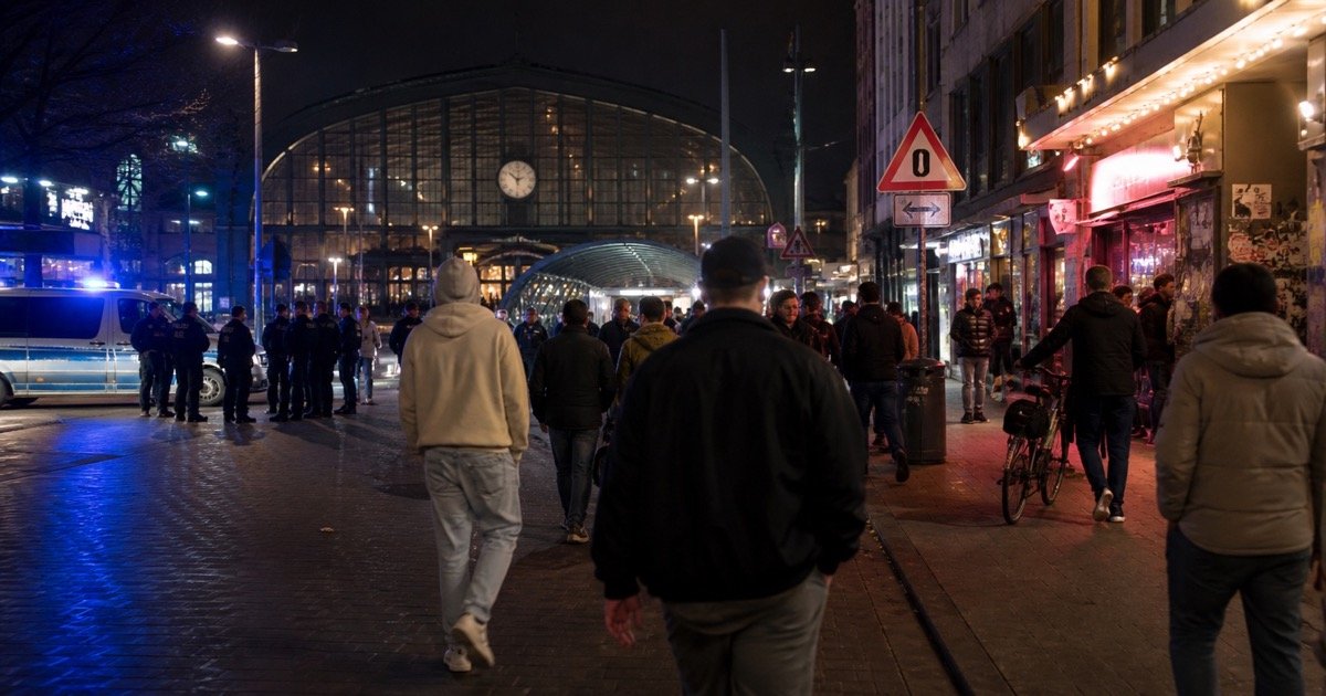 Вечерняя улица у Hamburg Hauptbahnhof в районе St. Georg Вечерняя улица у Hamburg Hauptbahnhof в районе St. Georg