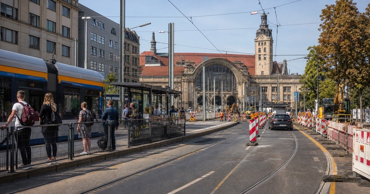 Трамваи и дорожные работы у Hauptbahnhof в Лейпциге Трамваи и дорожные работы у Hauptbahnhof в Лейпциге