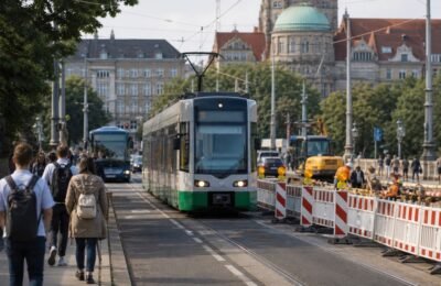 Трамвай и дорожные работы у Königsworther Platz в Ганновере