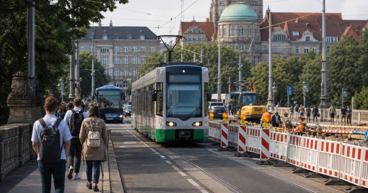 Трамвай и дорожные работы у Königsworther Platz в Ганновере Трамвай и дорожные работы у Königsworther Platz в Ганновере
