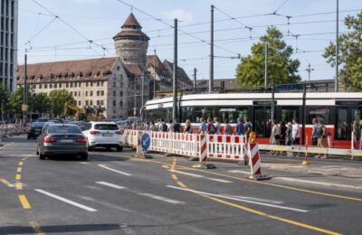Ограничения движения и трамваи у Plärrer в Нюрнберге