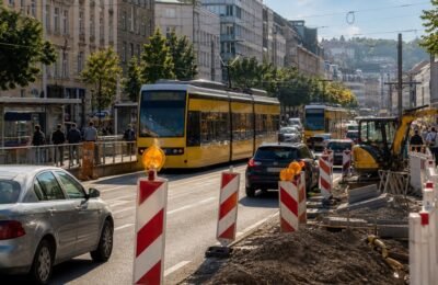 Трамваи и дорожные работы на Rotebühlstraße в Штутгарте