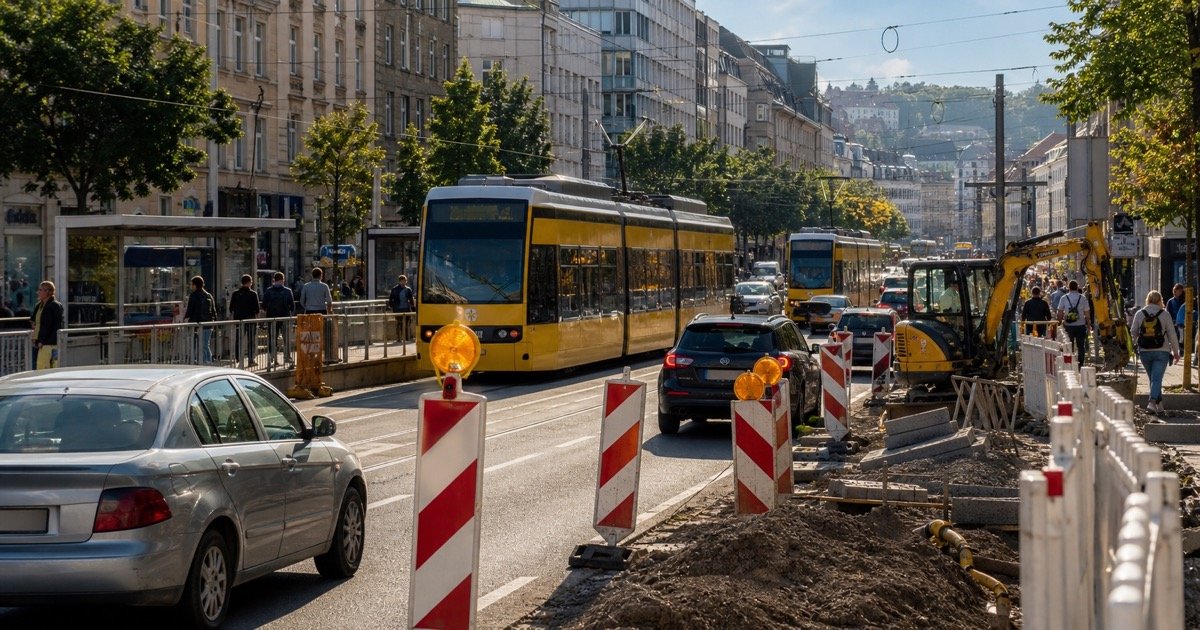 Трамваи и дорожные работы на Rotebühlstraße в Штутгарте Трамваи и дорожные работы на Rotebühlstraße в Штутгарте