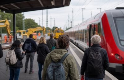 Пассажиры Deutsche Bahn на фоне работ между Кёльном и Дюссельдорфом