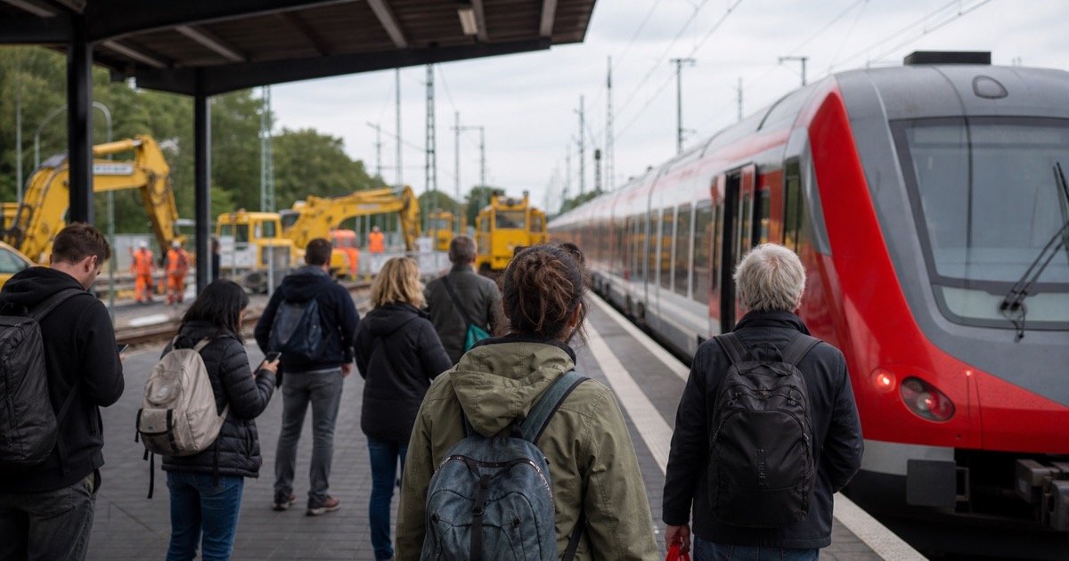 Пассажиры Deutsche Bahn на фоне работ между Кёльном и Дюссельдорфом Пассажиры Deutsche Bahn на фоне работ между Кёльном и Дюссельдорфом