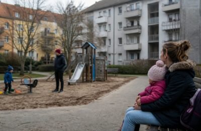 Семьи с детьми во дворе жилого квартала в Берлине на фоне разговора о детской бедности
