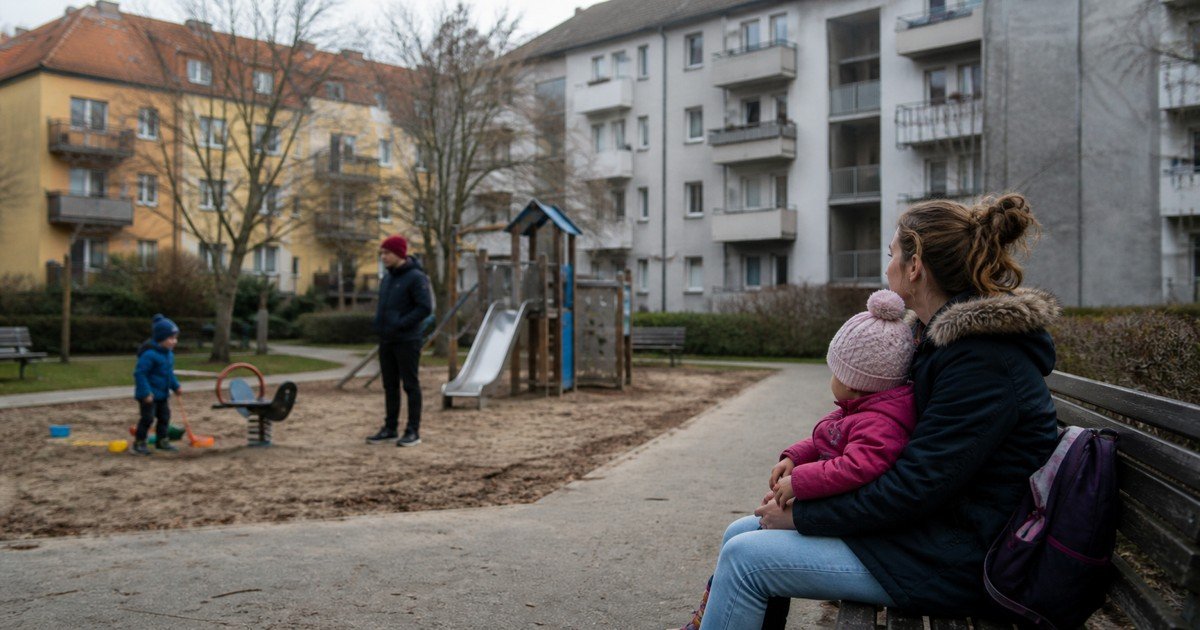 Семьи с детьми во дворе жилого квартала в Берлине на фоне разговора о детской бедности Семьи с детьми во дворе жилого квартала в Берлине на фоне разговора о детской бедности