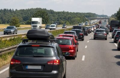 Плотный трафик на немецкой автомагистрали в конце летних каникул