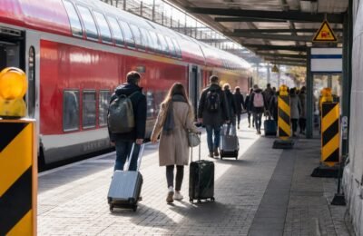 Пассажиры с багажом пересаживаются на платформе Deutsche Bahn из-за работ на линии