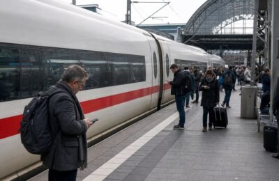 Пассажиры ждут у поезда Deutsche Bahn на крупной немецкой станции