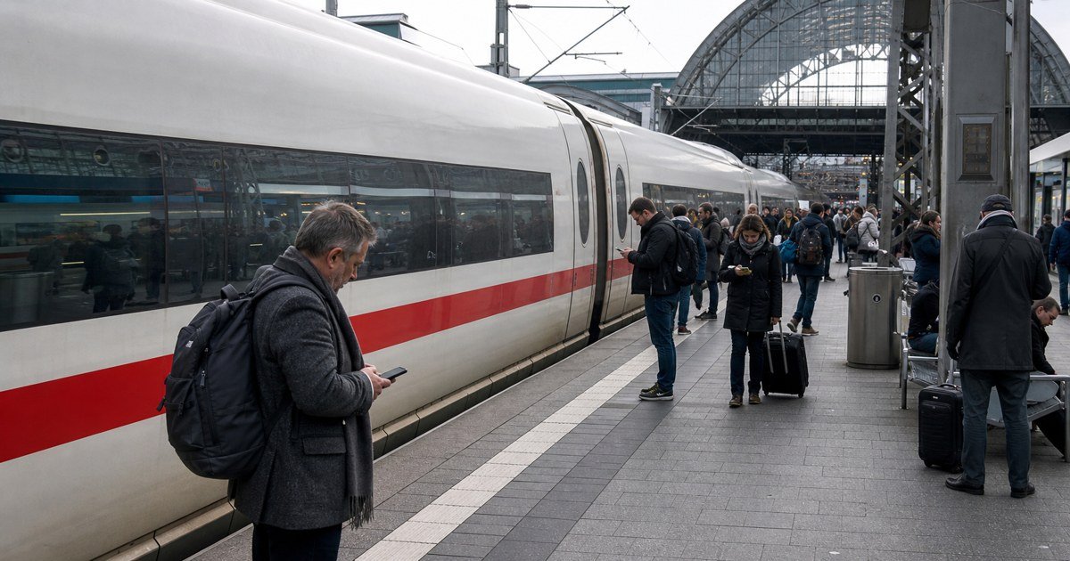 Пассажиры ждут у поезда Deutsche Bahn на крупной немецкой станции Пассажиры ждут у поезда Deutsche Bahn на крупной немецкой станции