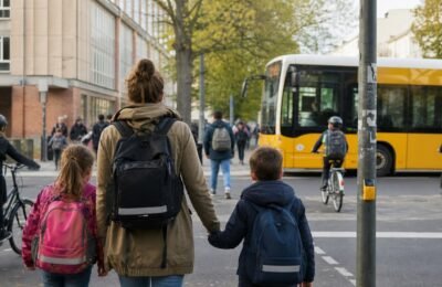 Родители с детьми переходят улицу рядом со школой в Берлине