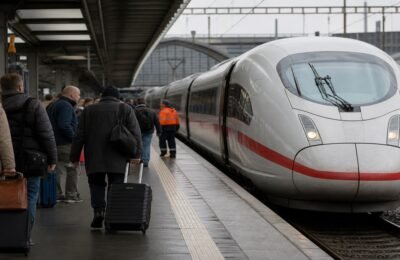 Пассажиры ждут дальний поезд Deutsche Bahn на платформе