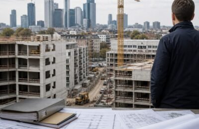 Стройка жилого дома во Франкфурте на фоне небоскребов