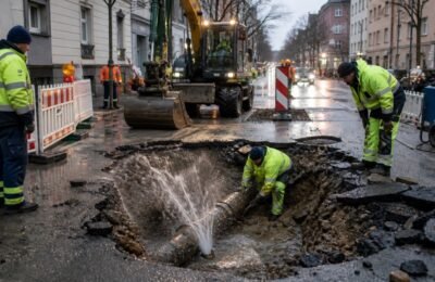 Аварийные работы после прорыва трубы на Schönscheidtstraße в Эссене