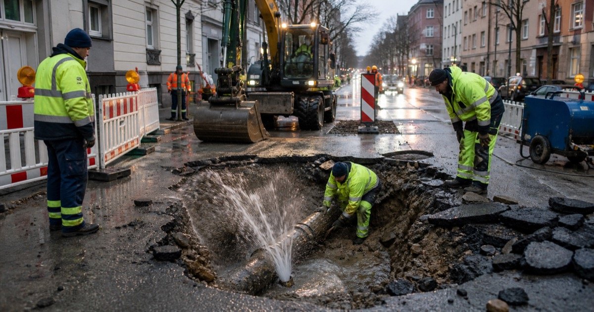 Аварийные работы после прорыва трубы на Schönscheidtstraße в Эссене Аварийные работы после прорыва трубы на Schönscheidtstraße в Эссене
