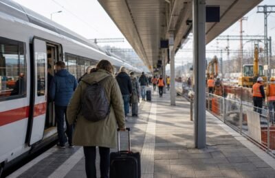 Пассажиры Deutsche Bahn на платформе рядом со стройкой