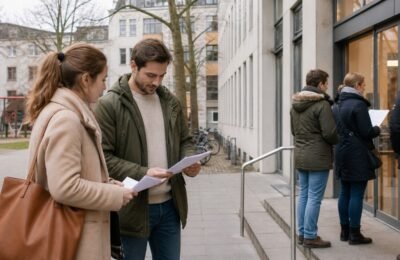Родители с документами у семейного ведомства в Дюссельдорфе