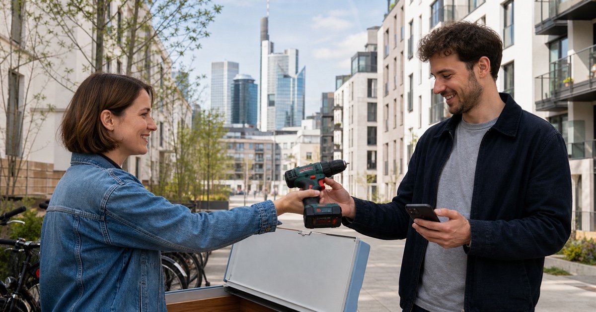 Жители Франкфурта передают инструмент через сервис аренды вещей Жители Франкфурта передают инструмент через сервис аренды вещей