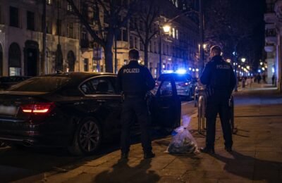 Полиция у задержанного автомобиля после погони в Берлине