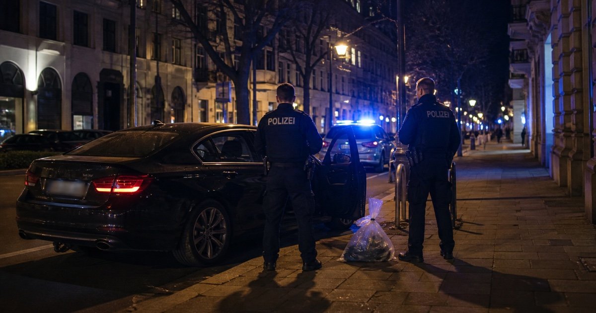 Полиция у задержанного автомобиля после погони в Берлине Полиция у задержанного автомобиля после погони в Берлине