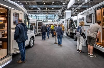 Посетители осматривают автодома на Caravan Salon в Дюссельдорфе