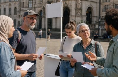 Жители обсуждают выборы обер-бургомистра у ратуши Ганновера