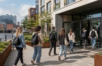 Гамбург: студенты заходят в новое общежитие в HafenCity