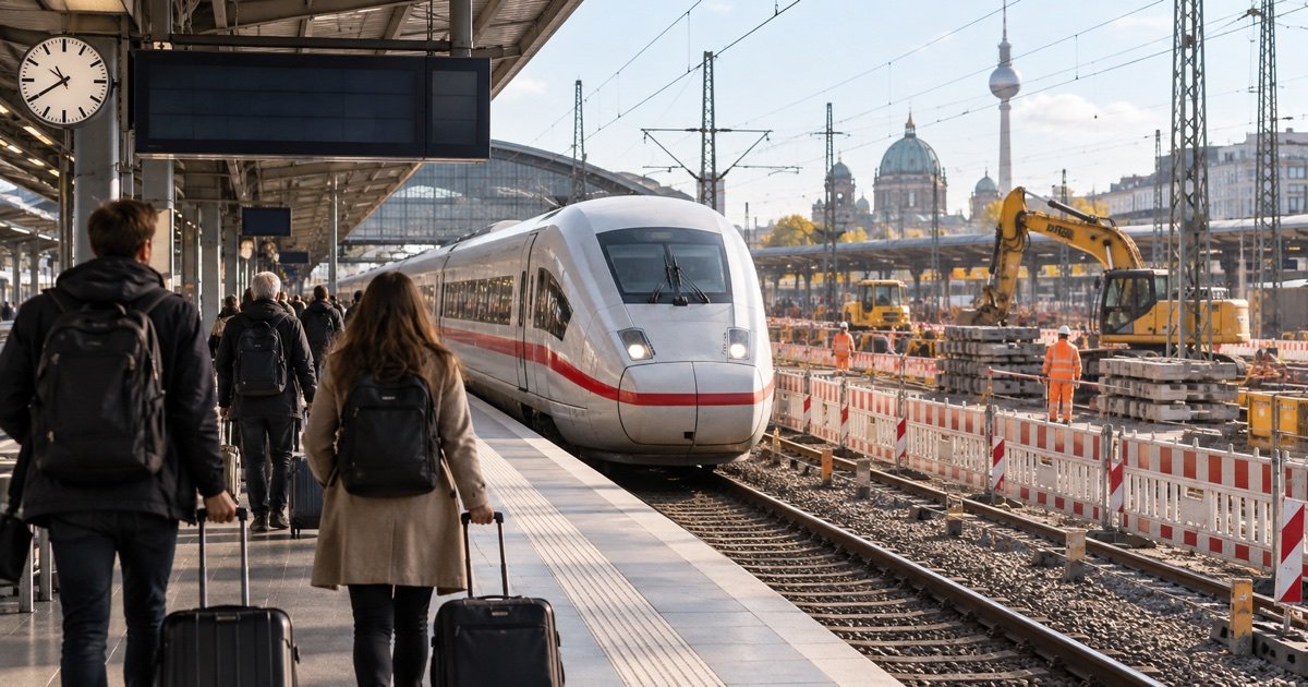 Deutsche Bahn: поезд и ремонтные работы у платформы Deutsche Bahn: поезд и ремонтные работы у платформы