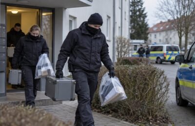 Следователи выносят материалы после обыска в регионе Ганновера