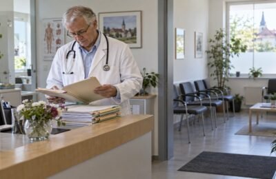 Пожилой семейный врач работает в немецкой медицинской практике