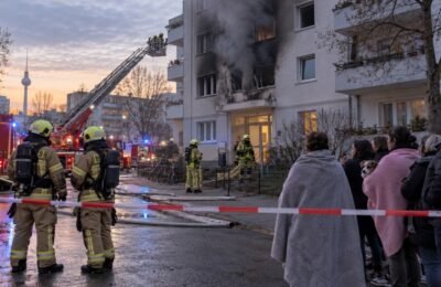 Пожарные работают у жилого дома в берлинском Лихтенберге