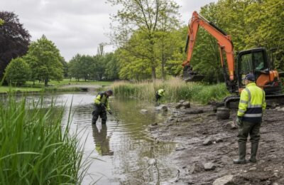 Рабочие очищают Ostparkweiher в Дюссельдорфе от ила