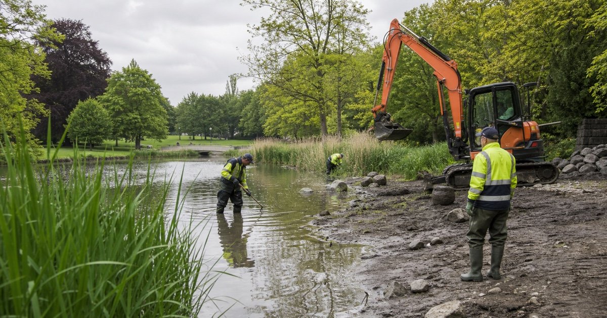 Рабочие очищают Ostparkweiher в Дюссельдорфе от ила Рабочие очищают Ostparkweiher в Дюссельдорфе от ила