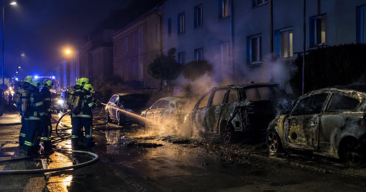 Пожарные тушат горящие автомобили на улице в Эссене Пожарные тушат горящие автомобили на улице в Эссене