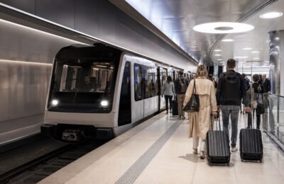U80 в Дюссельдорфе прибывает к терминалу аэропорта